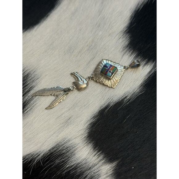 Native American Sterling Silver Inlaid Turquoise Lapis Spiny Bear Dangle Pendant - Picture 7 of 8